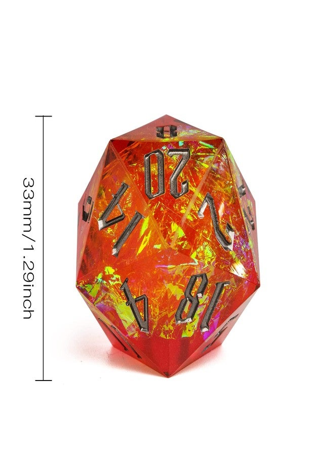 Cusdie Single D20 DND Dice with Sharp Edges and Glitter Foil Inclusions, 20 Sided D&D Dice, 33mm Handcrafted, for Role Playing Game (Orange/SG) - Image 2